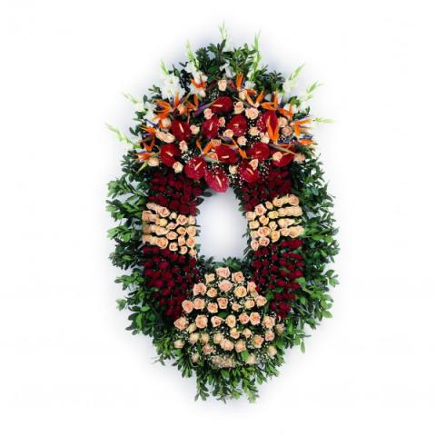 Corona de 90 cm de gladiolos, rosas y strelitzias